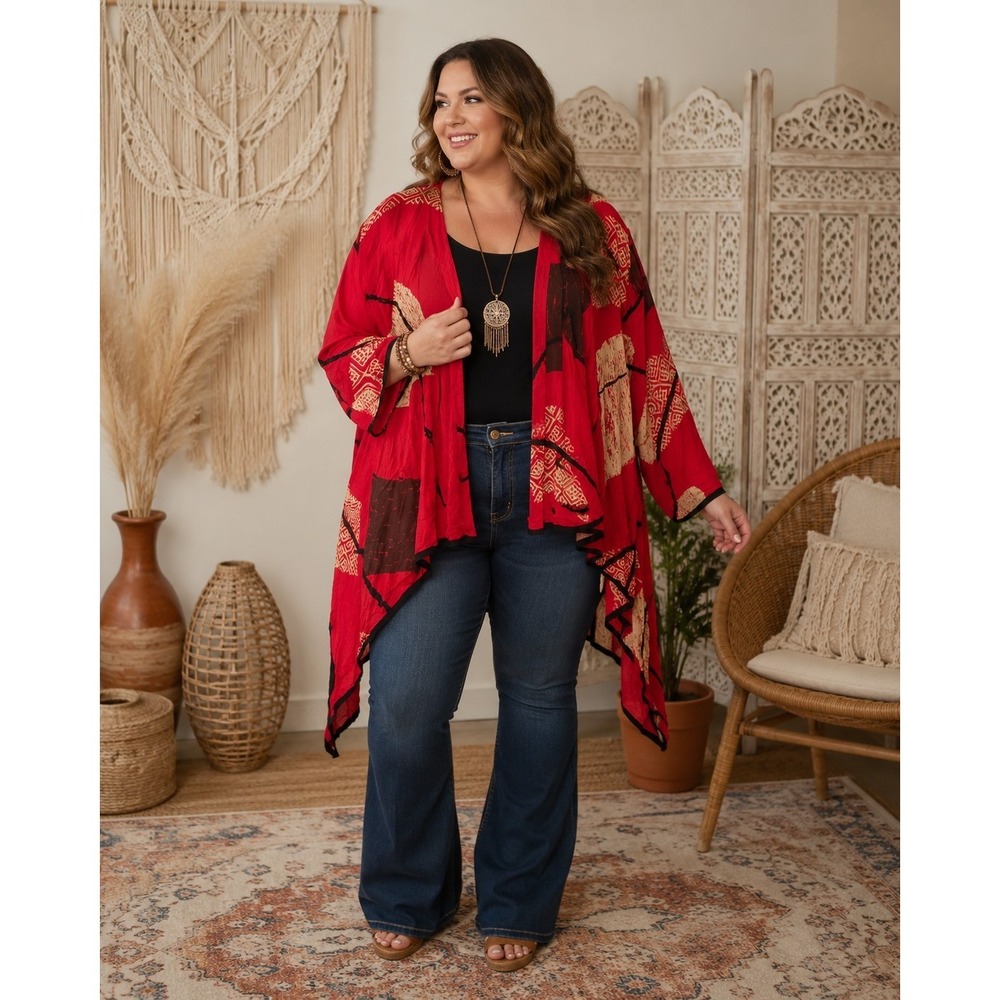 ANNA MAXWELL 4X Red Abstract Kimono Cardigan Open Front Duster Boho -2712
